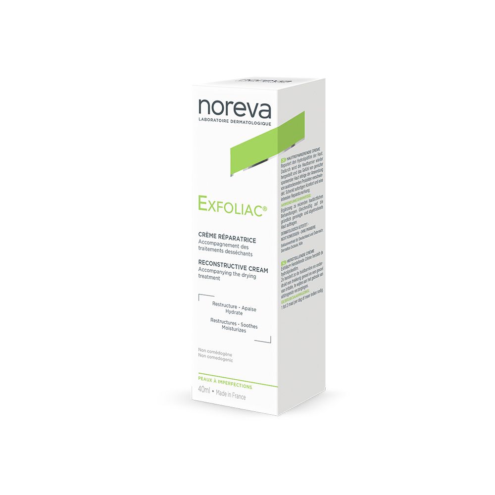 Weiße Schachtel mit grünem Akzent. Aufschrift: noreva, Exfoliac, Crème Réparatrice. Produkt für trockene Haut.