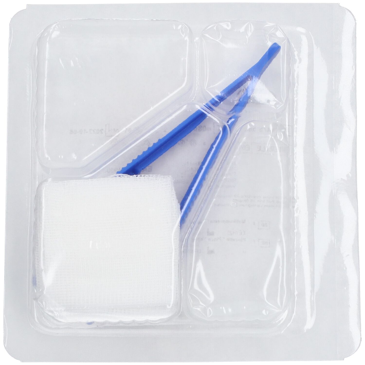 Set de soins des plaies en barquette plastique. Contient compresse et pince bleue.