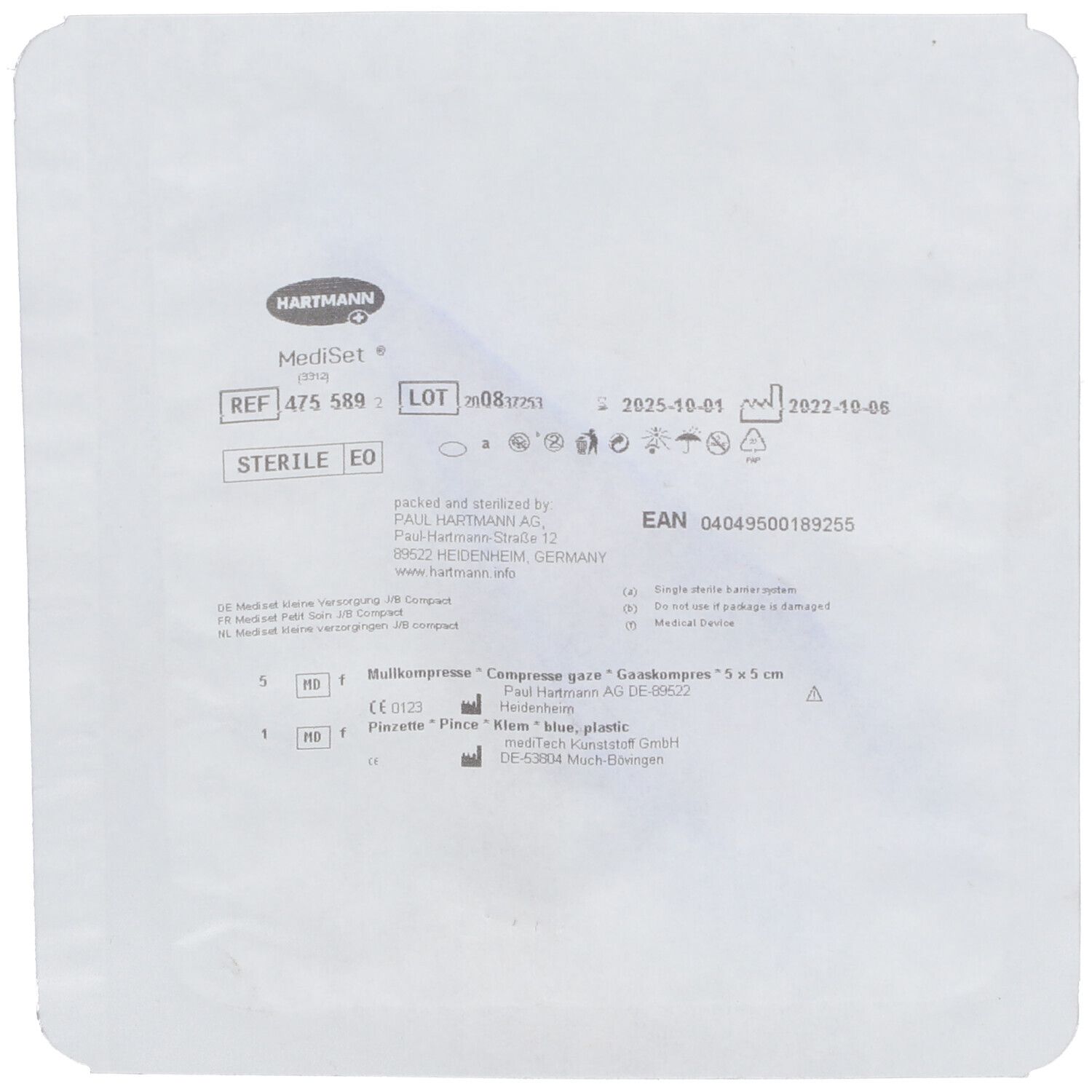 Emballage du MediSet® pour soins des plaies. Informations produit et date de péremption.