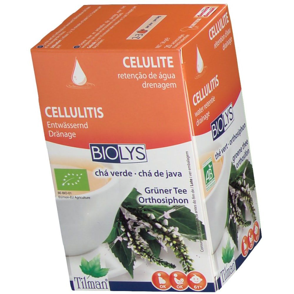 Boîte Biolys Thé Vert - Orthosiphon. Emballage orange et blanc avec texte et logo. Label bio UE.