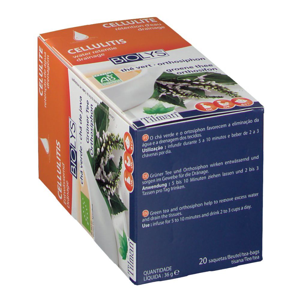 Boîte Biolys Thé Vert - Orthosiphon. Emballage orange et blanc avec texte et logo. 20 sachets, 36g.