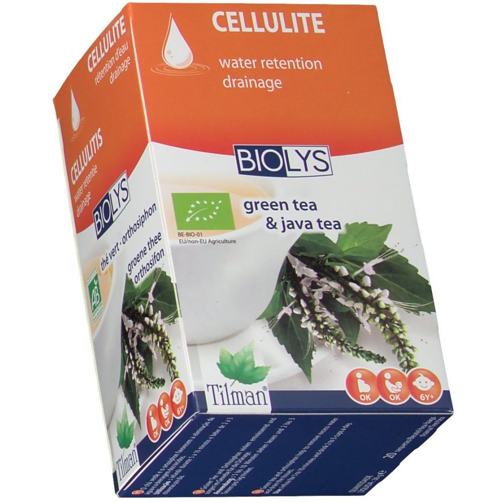 Boîte Biolys Thé Vert - Orthosiphon. Emballage orange et blanc avec texte et logo. Label bio UE.