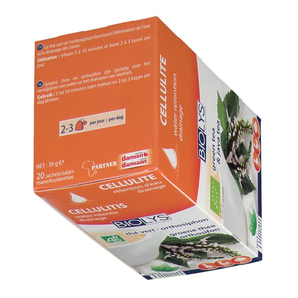 Boîte Biolys Thé Vert - Orthosiphon. Emballage orange et blanc avec texte et logo. 20 sachets, 36g.