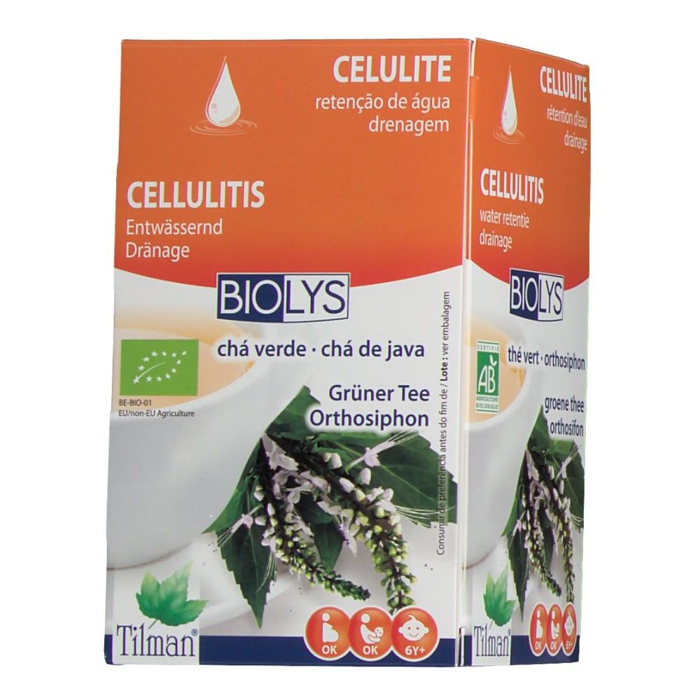 Boîte Biolys Thé Vert - Orthosiphon. Emballage orange et blanc avec texte et logo. Label bio UE.