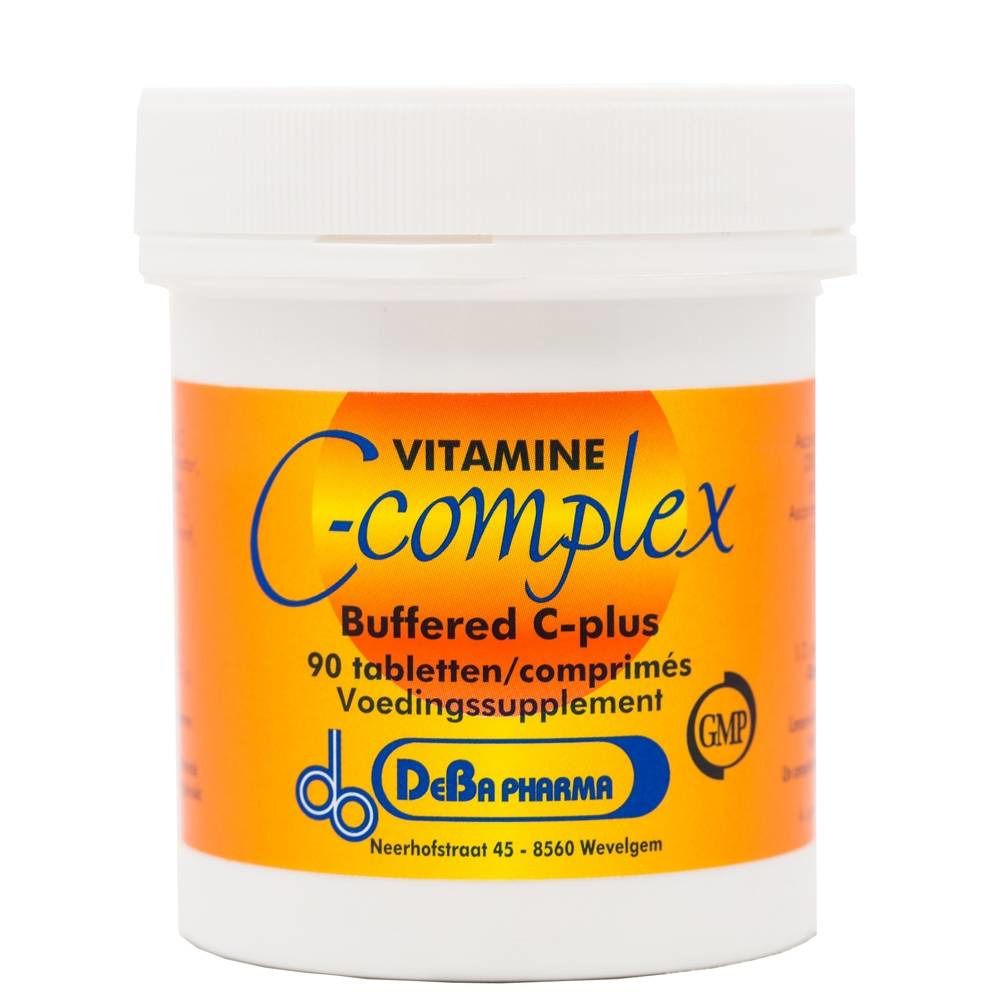 Boîte blanche avec étiquette orange. Inscription: VITAMINE C-complex, Buffered C-plus, 90 comprimés. Marque: DeBa Pharma.