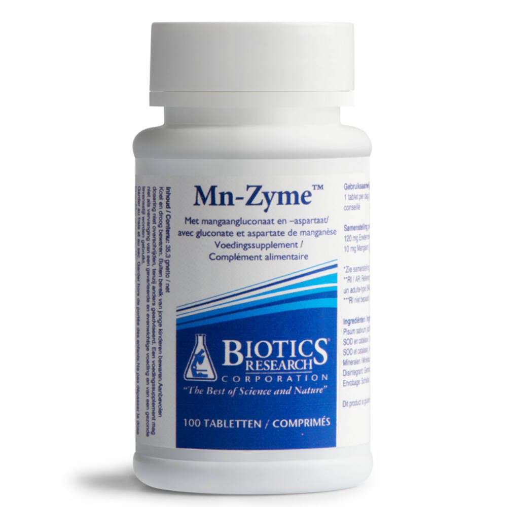 Weiße Flasche mit Mn-Zyme Tabletten. Aufschrift: BIOTICS RESEARCH CORPORATION, 100 Tabletten. Produktname und Inhaltsstoffe.