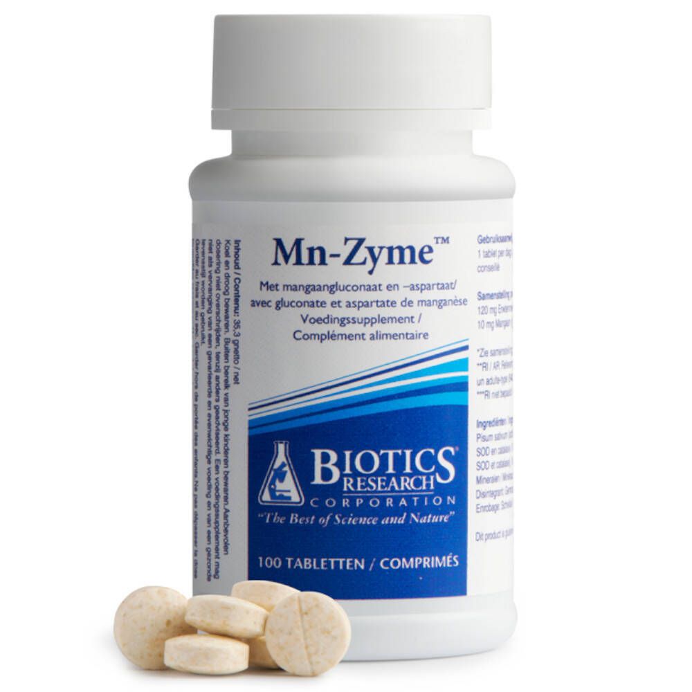 Weiße Flasche Mn-Zyme Tabletten mit Tabletten daneben. Aufschrift: BIOTICS RESEARCH CORPORATION, 100 Tabletten. Produktname und Inhaltsstoffe.
