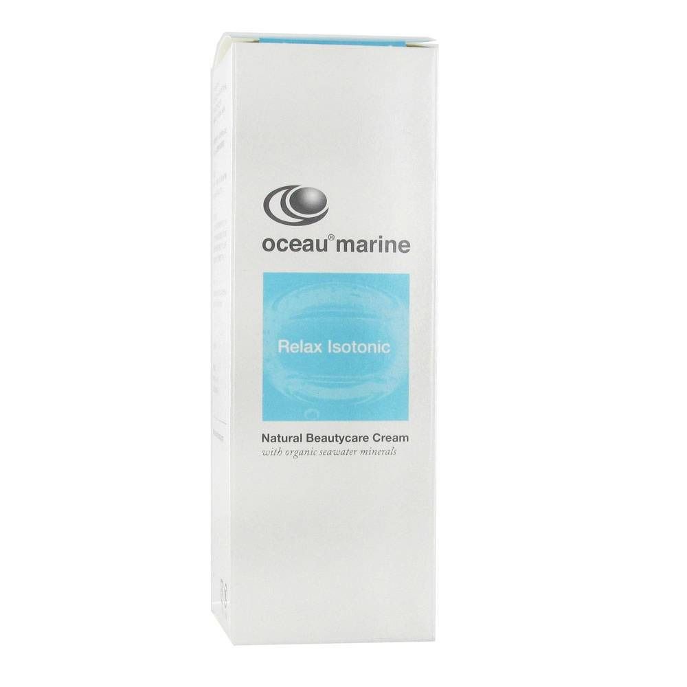 Emballage de crème Oceau Marine Relax Isotonic. Boîte blanche avec nom et logo du produit.