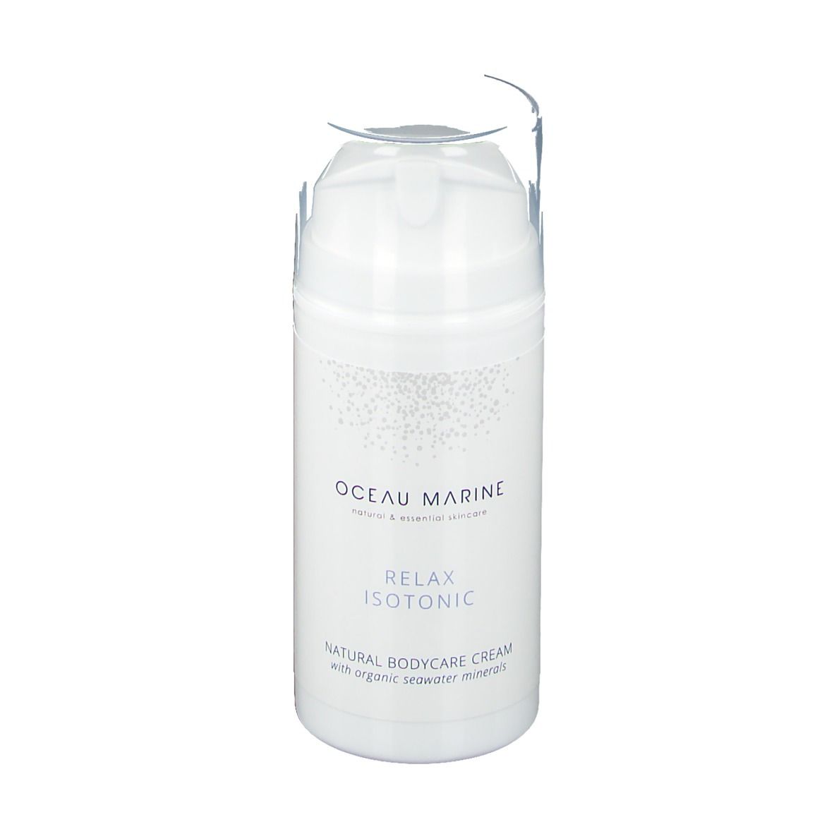 Flacon de crème Oceau Marine Relax Isotonic. Flacon blanc avec pompe.
