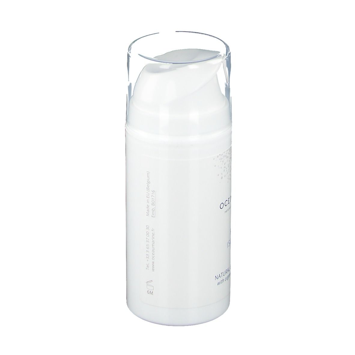 Flacon de crème Oceau Marine Relax Isotonic. Flacon blanc avec pompe.