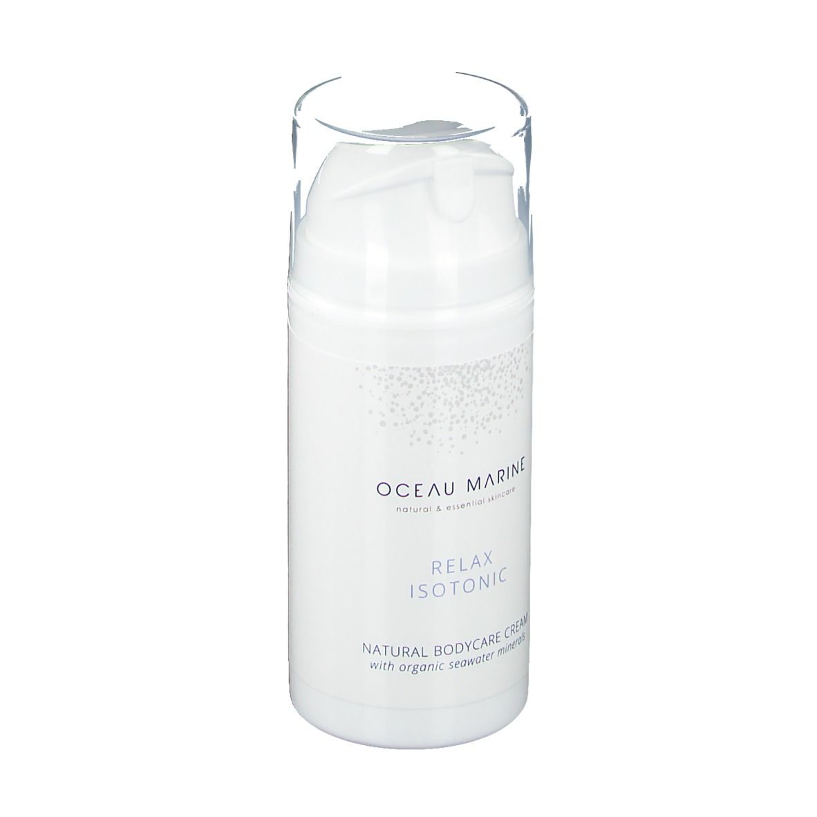 Flacon de crème Oceau Marine Relax Isotonic. Flacon blanc avec pompe.