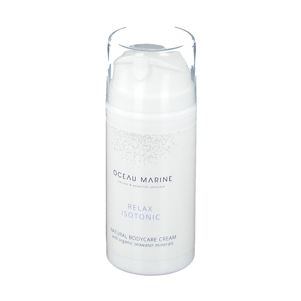 Flacon de crème Oceau Marine Relax Isotonic. Flacon blanc avec pompe.