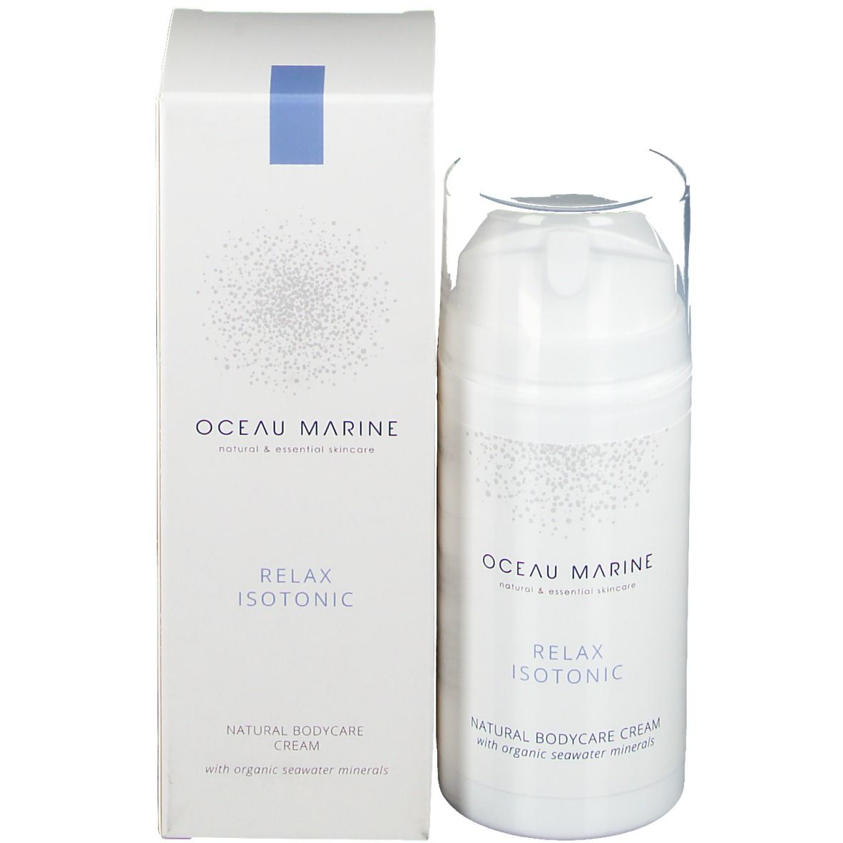 Flacon et emballage de crème Oceau Marine Relax Isotonic. Design blanc.