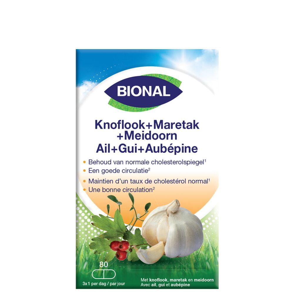 Boîte Bional. Inscription: Ail + Gui + Aubépine, 80 capsules. Logo et noms de produits.