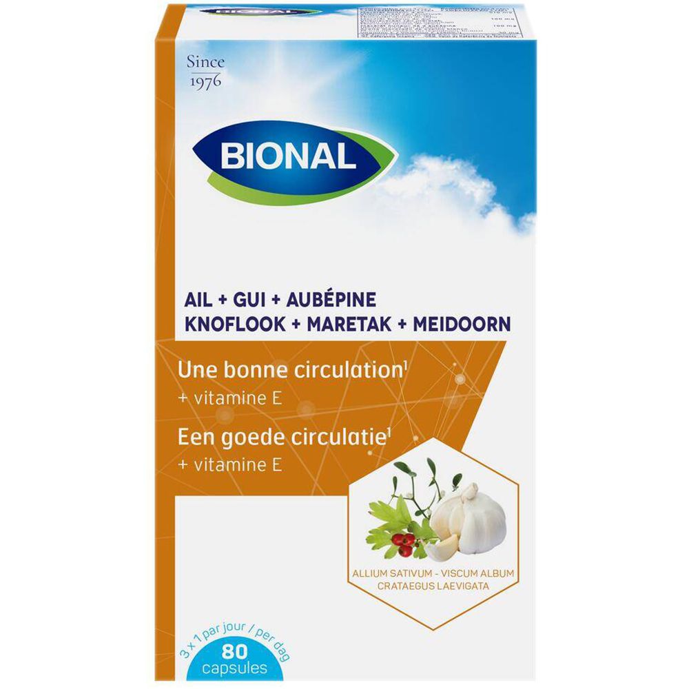 Boîte Bional. Inscription: Ail + Gui + Aubépine, 80 capsules. Logo et noms de produits.