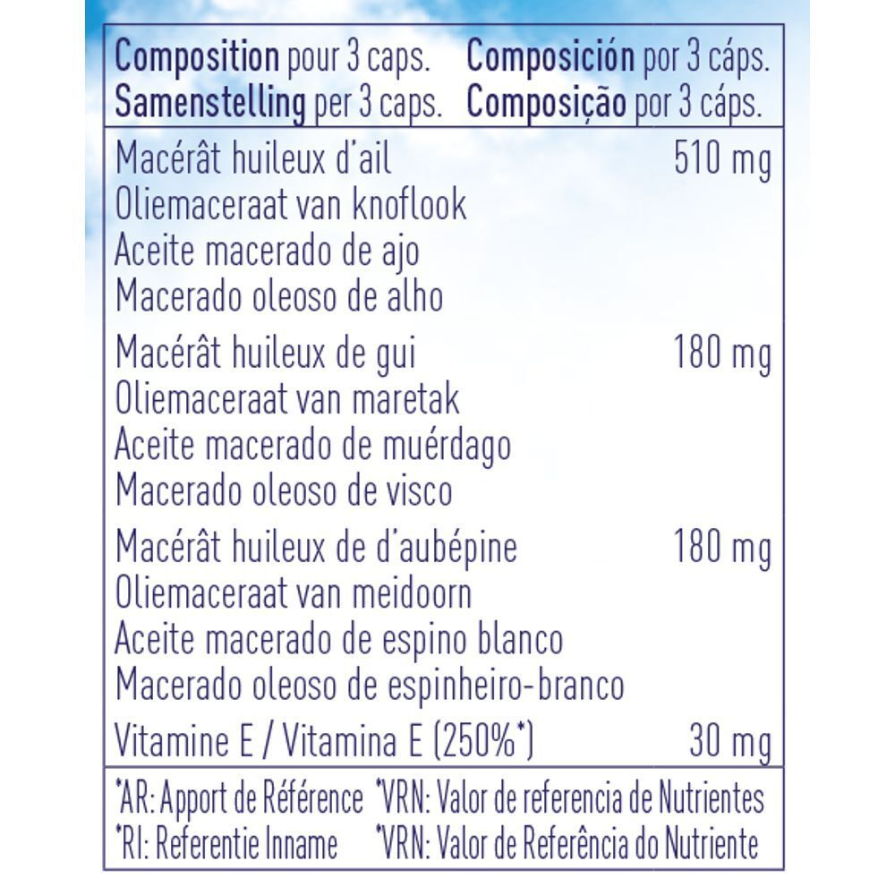 Composition pour 3 gélules. Ingrédients: macérat huileux d'ail, de gui, d'aubépine, vitamine E.