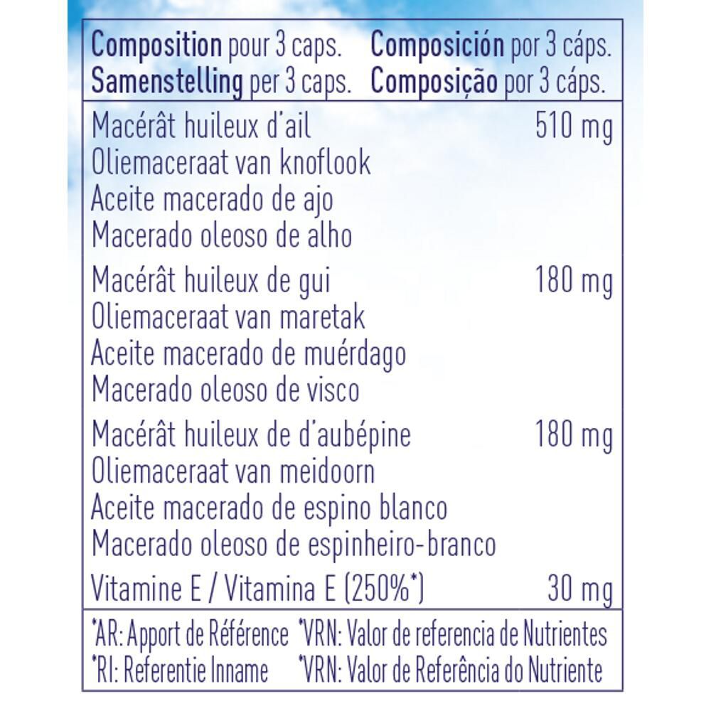 Composition pour 3 gélules. Ingrédients: macérat huileux d'ail, de gui, d'aubépine, vitamine E.