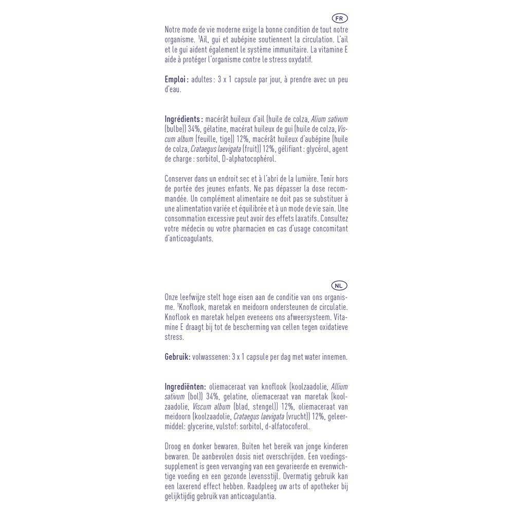 Texte en français et néerlandais. Mode d'emploi et ingrédients. 3 gélules par jour.