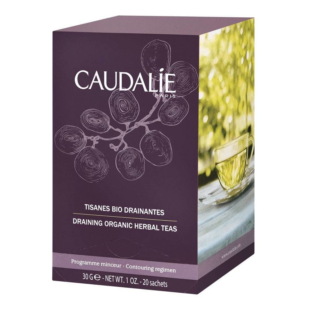Boîte violet foncé avec logo Caudalie et illustration de grappes. Texte : Tisanes Bio Drainantes, Draining Organic Herbal Teas. 20 sachets.