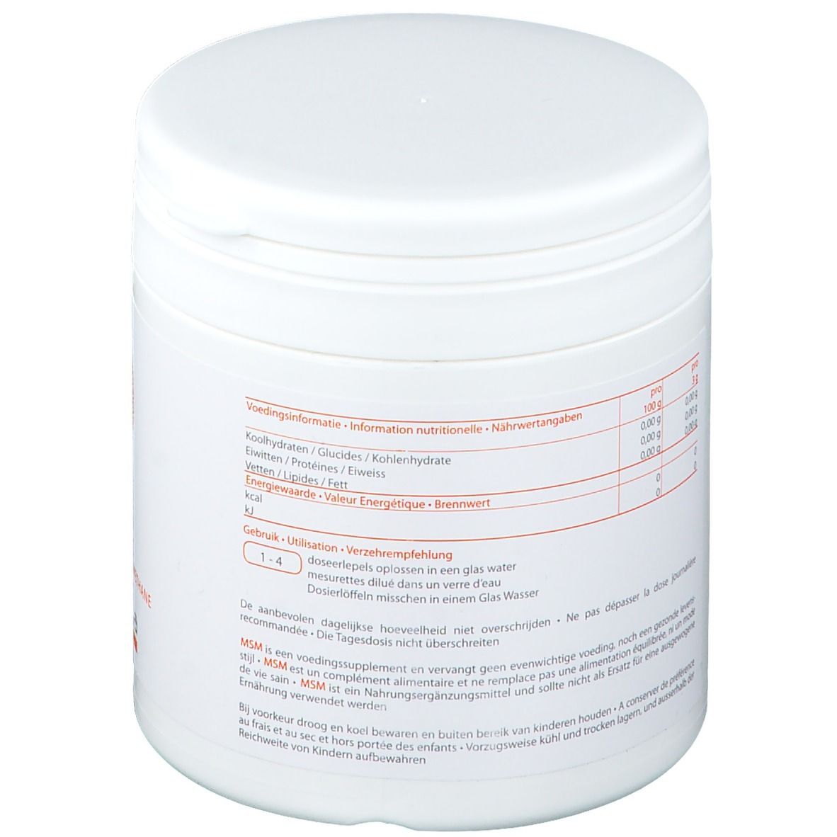Pot blanc avec couvercle. Inscription: Informations nutritionnelles. Texte en allemand, néerlandais et français. Texte rouge.