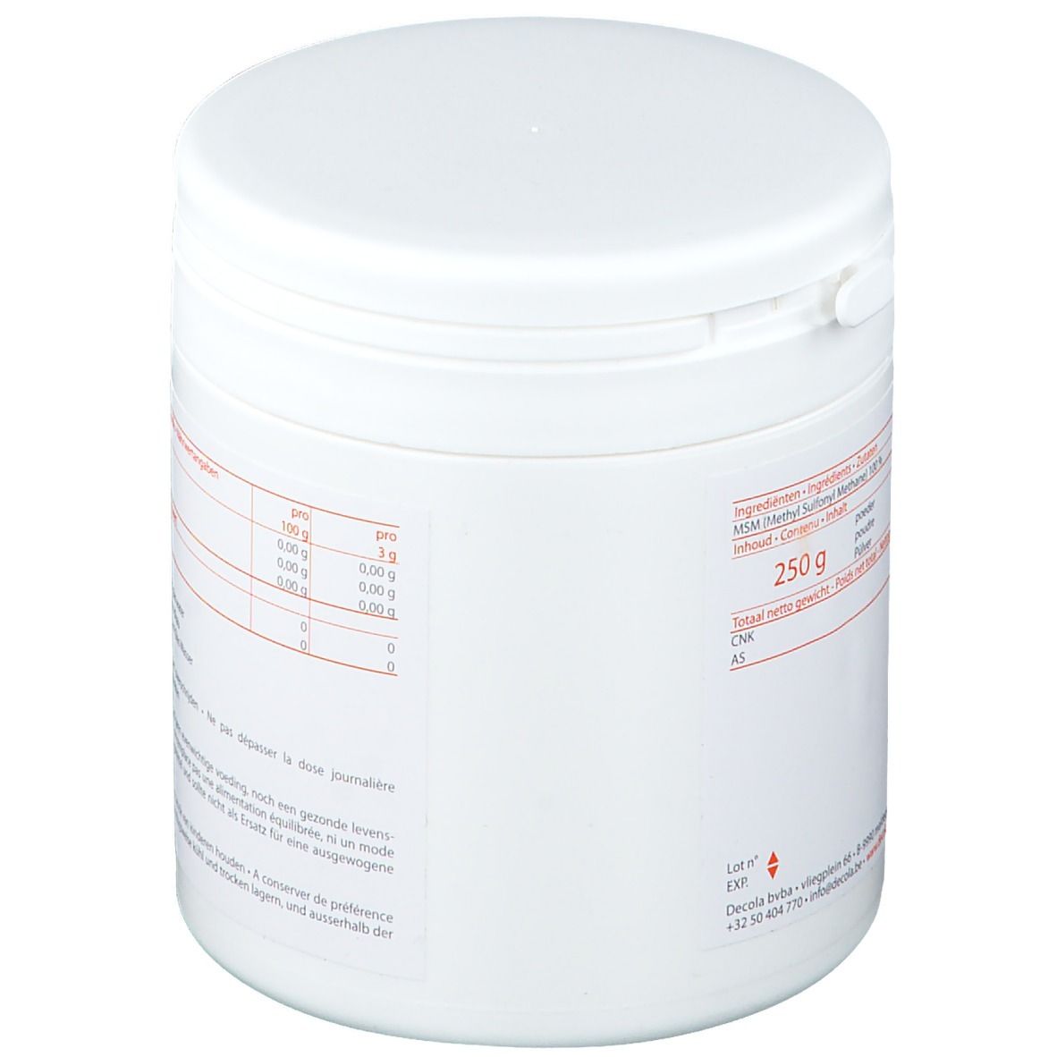 Pot blanc avec couvercle. Inscription: 250 g. Texte en allemand, néerlandais et français. Texte rouge.