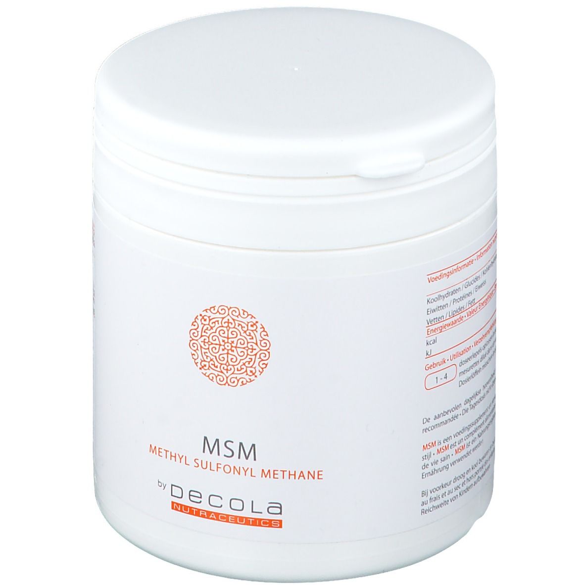Pot blanc avec couvercle. Inscription: MSM Methyl Sulfonyl Methane by Decola Nutraceutics. Motif orange.