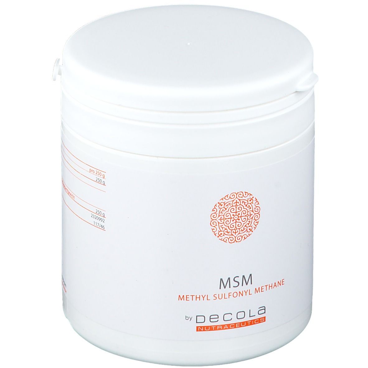 Pot blanc avec couvercle. Inscription: MSM Methyl Sulfonyl Methane by Decola Nutraceutics. Motif orange.