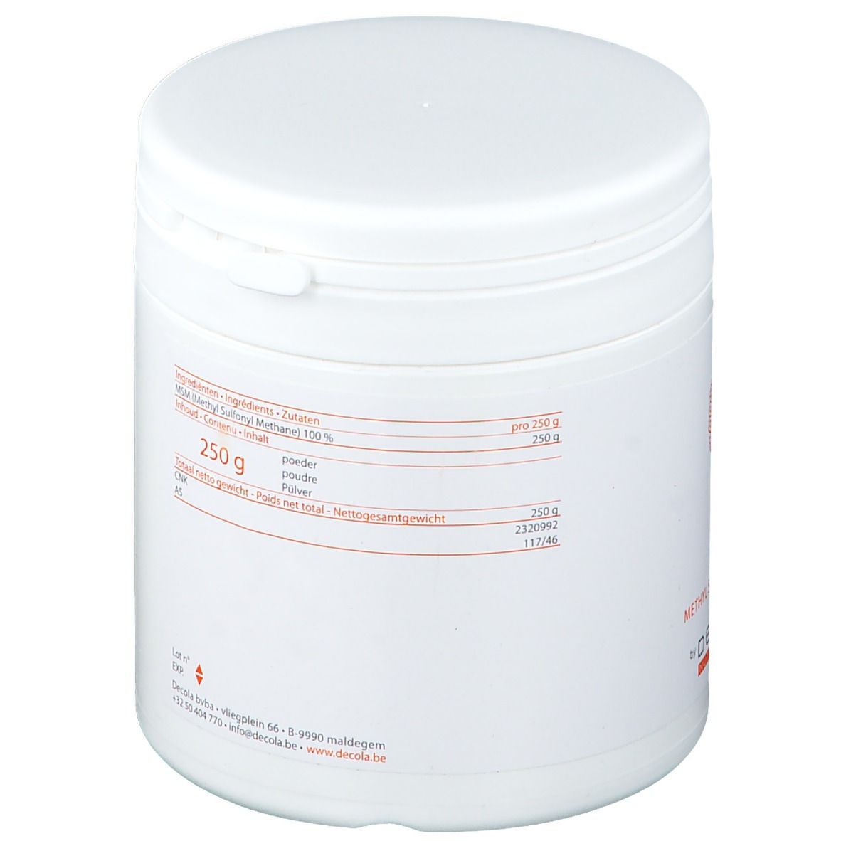 Pot blanc avec couvercle. Inscription: 250 g. Liste des ingrédients. Texte en allemand, néerlandais et français. Texte rouge.