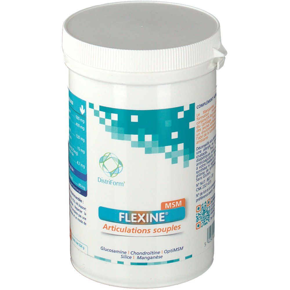 Pot blanc avec couvercle. Inscription FLEXINE® MSM Articulations souples. Éléments graphiques bleus et turquoise. Logo Distriform.