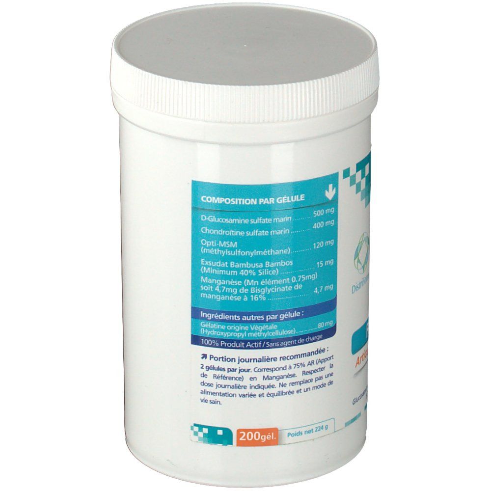 Pot blanc avec couvercle. Dos avec texte. Inscription : Composition par gélule. 200g. Logo Distriform.
