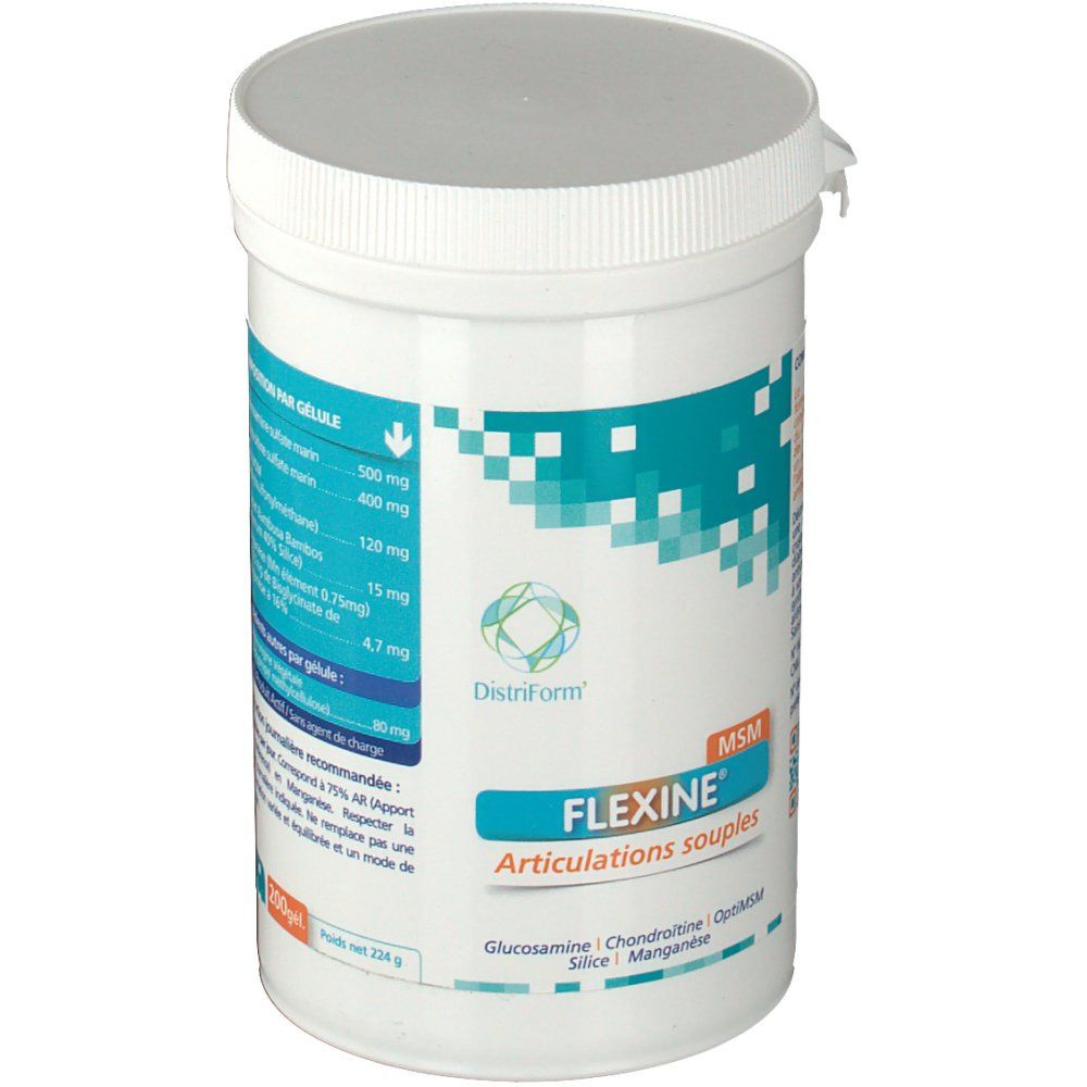 Pot blanc avec couvercle. Inscription FLEXINE® MSM Articulations souples. Logo Distriform. Éléments graphiques turquoise et bleus.