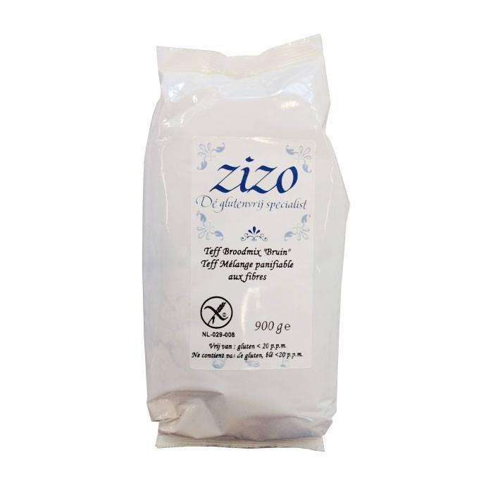 Paquet de Zizo Teff Broodmix. Inscription : sans gluten, Teff Broodmix Bruin, 900g. Logo de produit sans gluten.