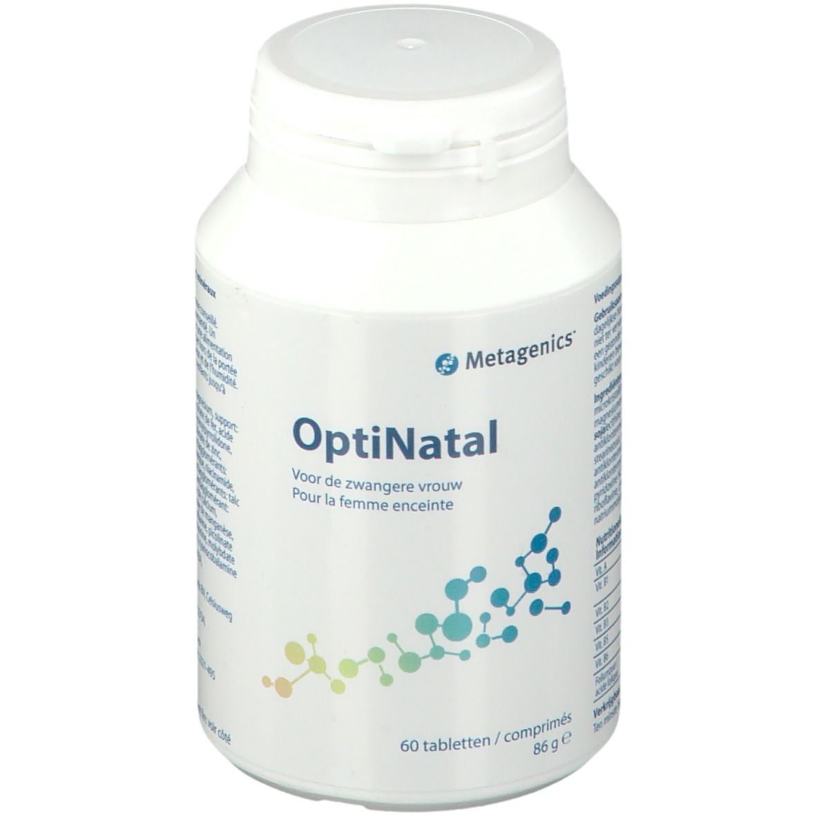 Flacon blanc OptiNatal. Contient 60 comprimés. Logo Metagenics. Pour femmes enceintes.