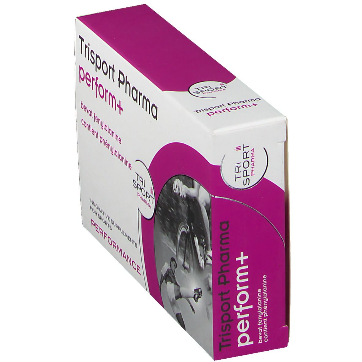 Boîte Trisport Pharma perform+ en biais. Blanc et rose. Texte: bevat fenylalanine, contient phénylalanine. Illustrations d'athlètes.