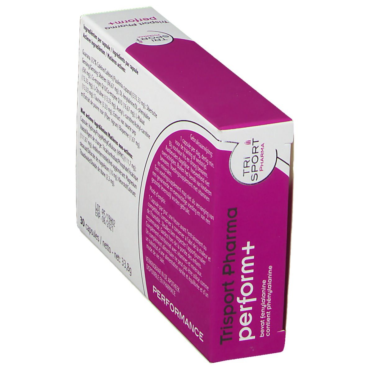 Boîte perform+ en biais. Dos avec ingrédients par capsule. Texte: 30 capsules / netto - net: 33,8g. Date de péremption 08/2021.