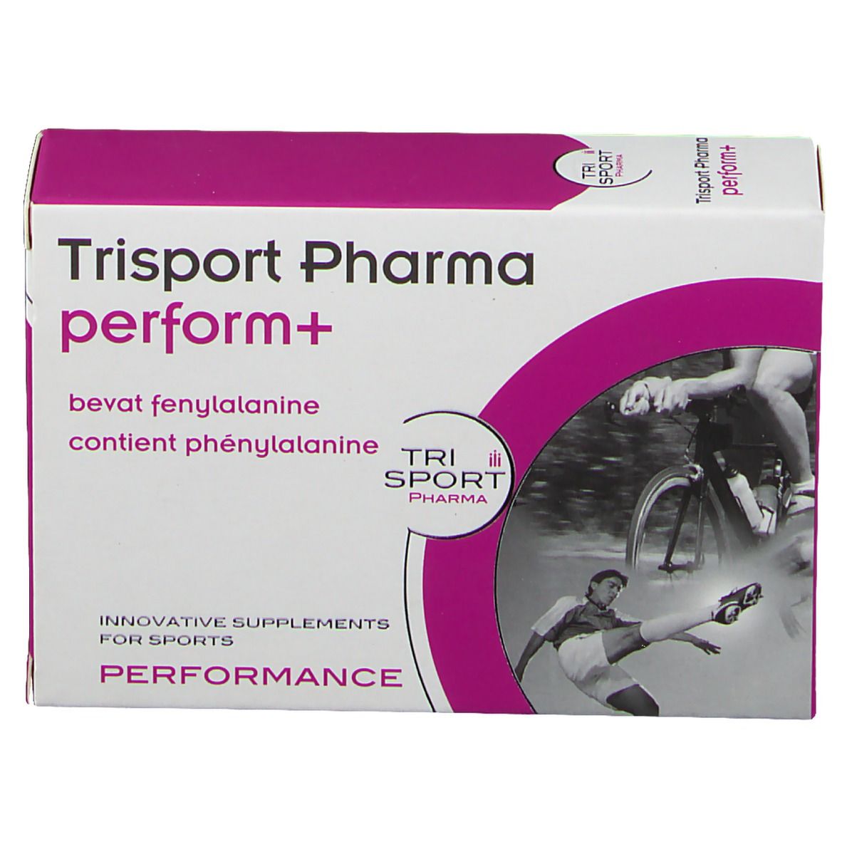 Boîte Trisport Pharma perform+. Blanc et rose. Texte: bevat fenylalanine, contient phénylalanine. Illustrations d'athlètes.