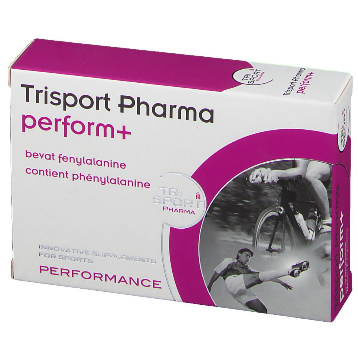 Boîte Trisport Pharma perform+. Blanc et rose. Texte: bevat fenylalanine, contient phénylalanine. Illustrations d'athlètes.