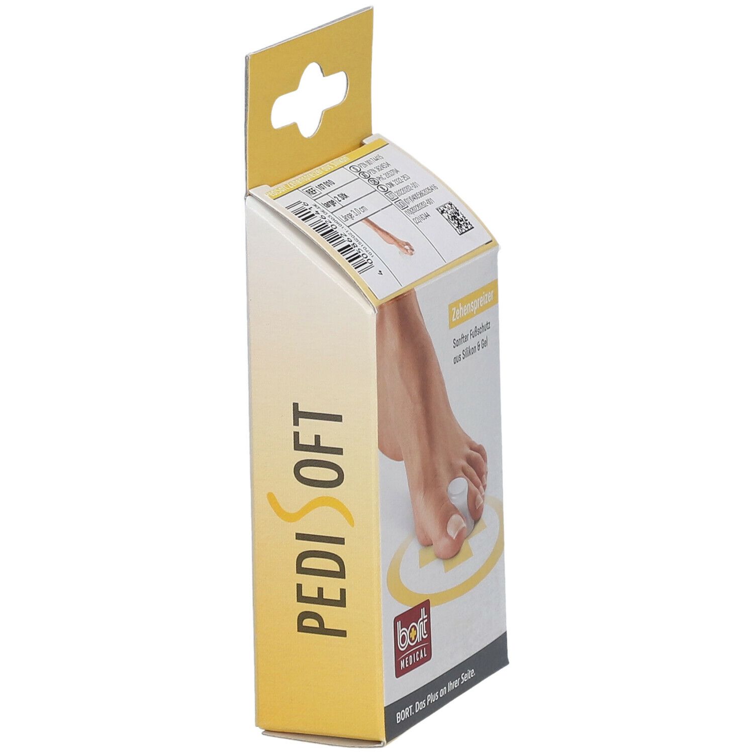 Verpackung, Seitenansicht. Aufdruck: PediSoft. Produktabbildung: Fuß mit Zehenspreizer.
