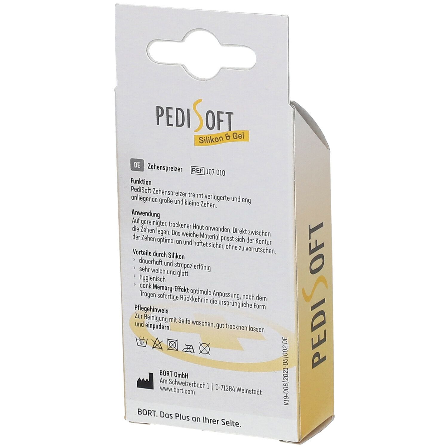 Rückseite der Verpackung. Aufdruck: PediSoft, Silikon & Gel. Text über Funktion, Anwendung, Vorteile, Hygiene.