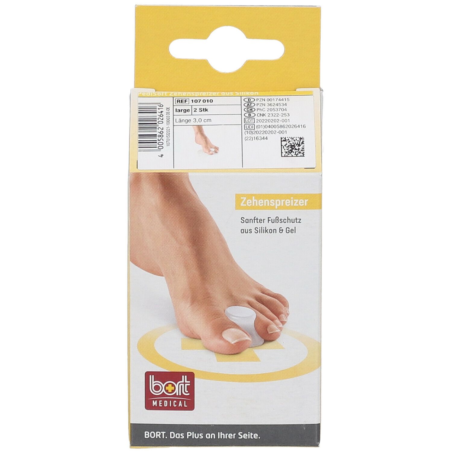 Verpackung mit Zehenspreizer. Aufdruck: PediSoft, bort MEDICAL. Produktabbildung: Fuß mit Zehenspreizer.