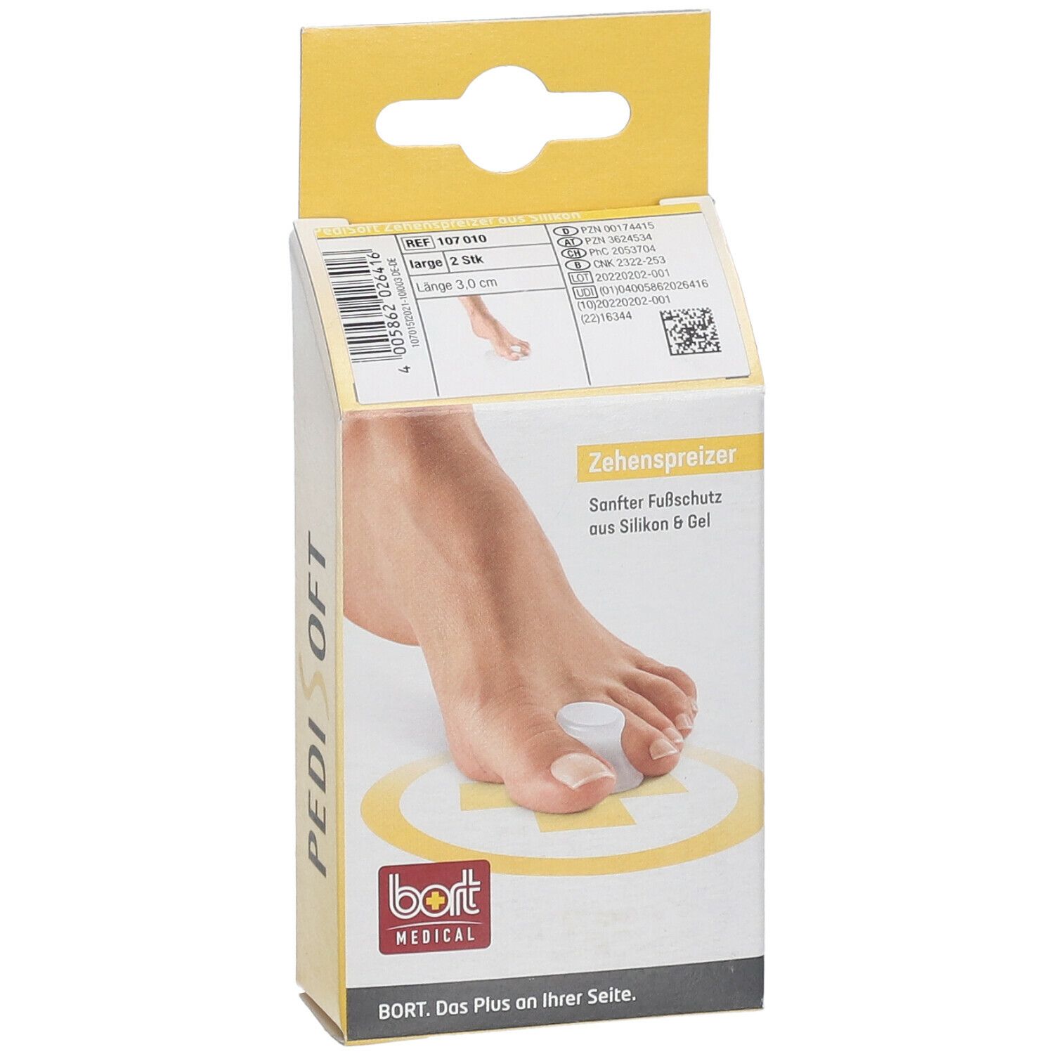 Verpackung mit Zehenspreizer. Aufdruck: PediSoft, bort MEDICAL. Produktabbildung: Fuß mit Zehenspreizer.