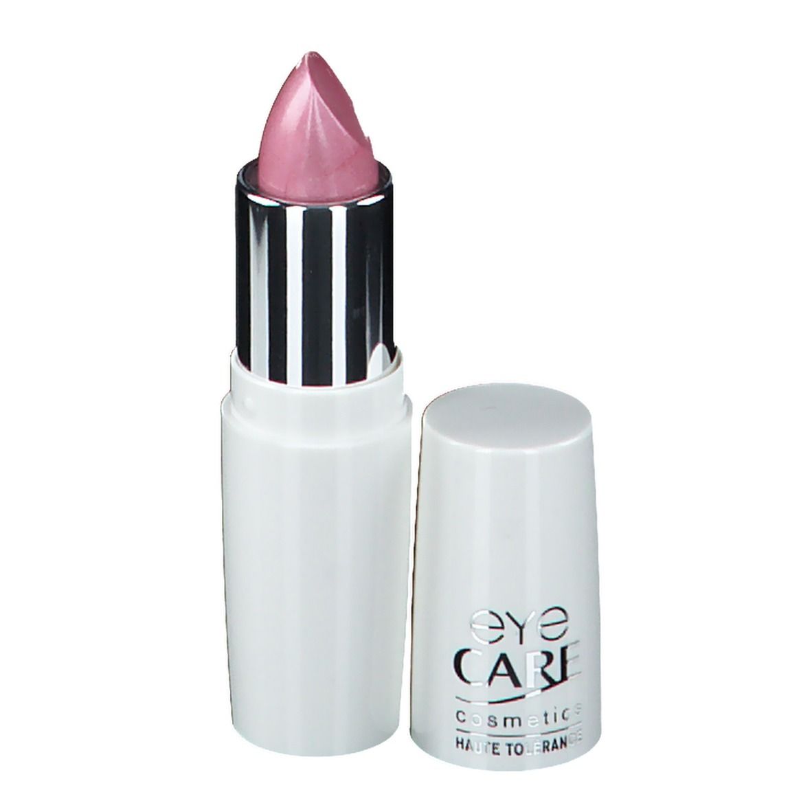 Lipstick Roze Nr. 639, witte stick, zilveren huls, roze punt. Dop ernaast. EYE CARE Cosmetics.