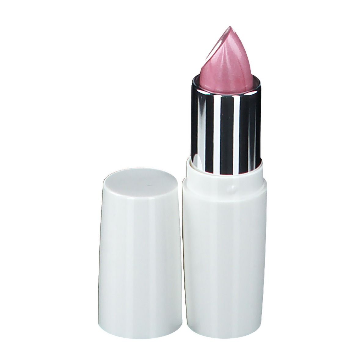 Lipstick Roze Nr. 639, witte stick, zilveren huls, roze punt. Dop ernaast. EYE CARE Cosmetics.