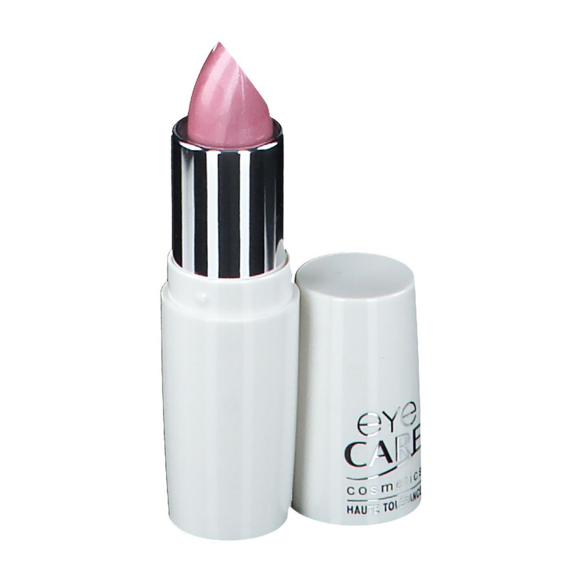Lipstick Roze Nr. 639, witte stick, zilveren huls, roze punt. Dop ernaast. EYE CARE Cosmetics.