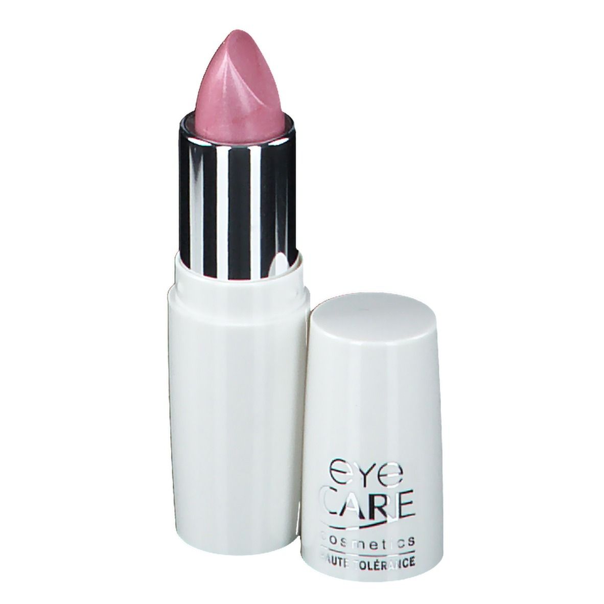 Lipstick Roze Nr. 639, witte stick, zilveren huls, roze punt. Dop ernaast. EYE CARE Cosmetics.