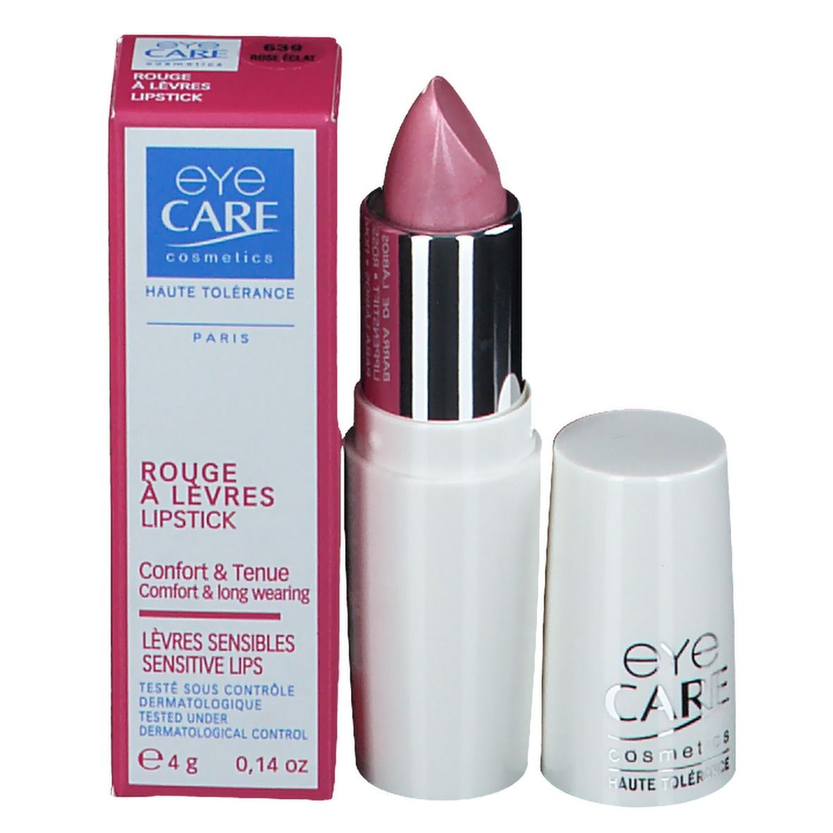 Lipstick Roze Nr. 639, met verpakking. Witte stick, zilveren huls, roze punt. EYE CARE Cosmetics.