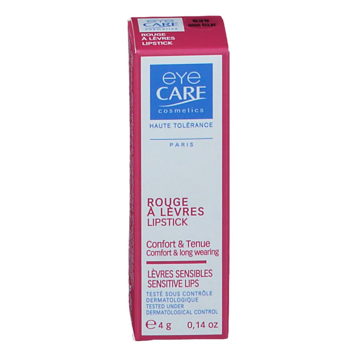 Verpakking voor lipstick Roze Nr. 639. EYE CARE Cosmetics, Rouge à Lèvres, Haute Tolérance, Paris.