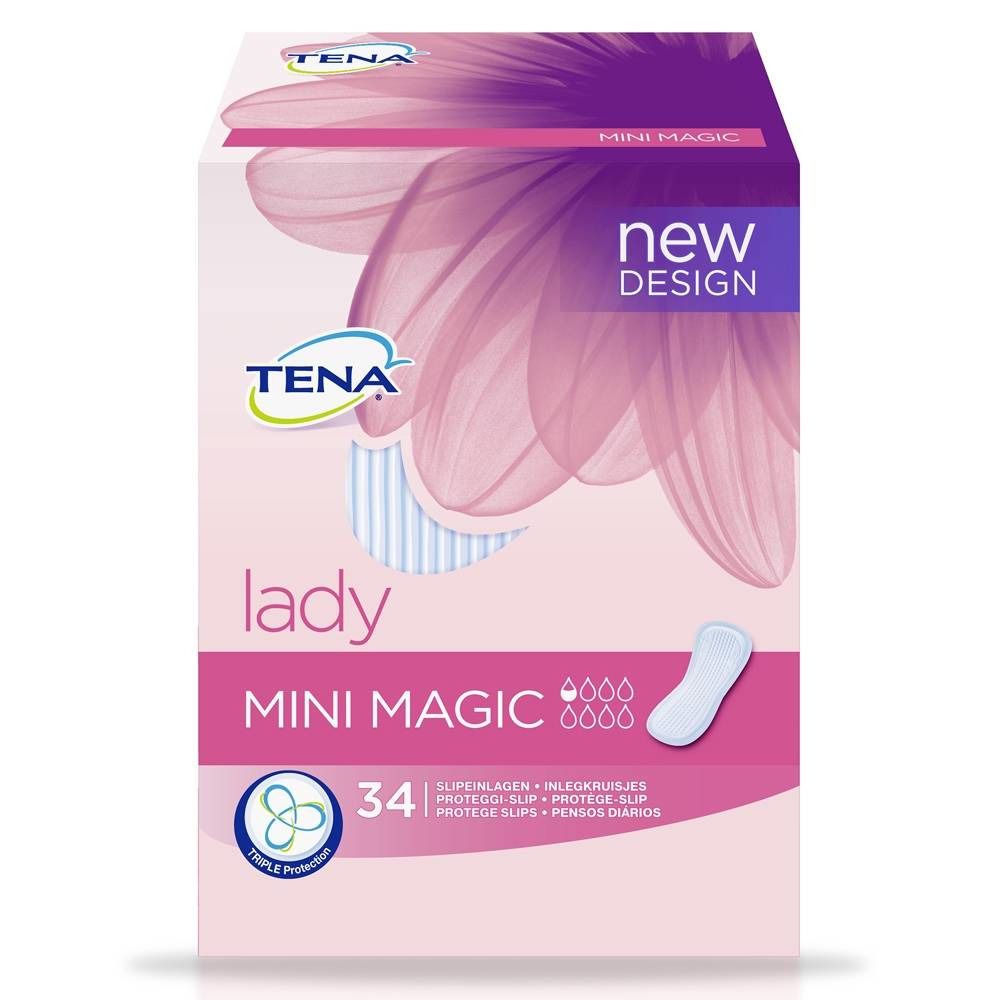 Boîte de TENA Lady Mini Magic. Emballage rose et blanc avec image du produit et texte.