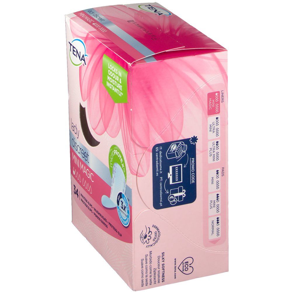 Boîte TENA Lady Discreet Mini Magic, en biais. Emballage rose avec image et texte. 'Locks in odour & moisture instantly'.