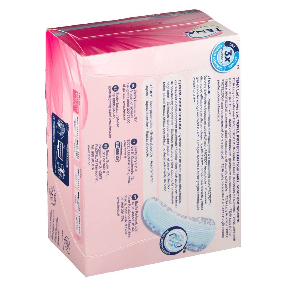 Boîte TENA Lady Discreet Mini Magic, en biais. Dos avec texte et image du produit. '3x protection'.